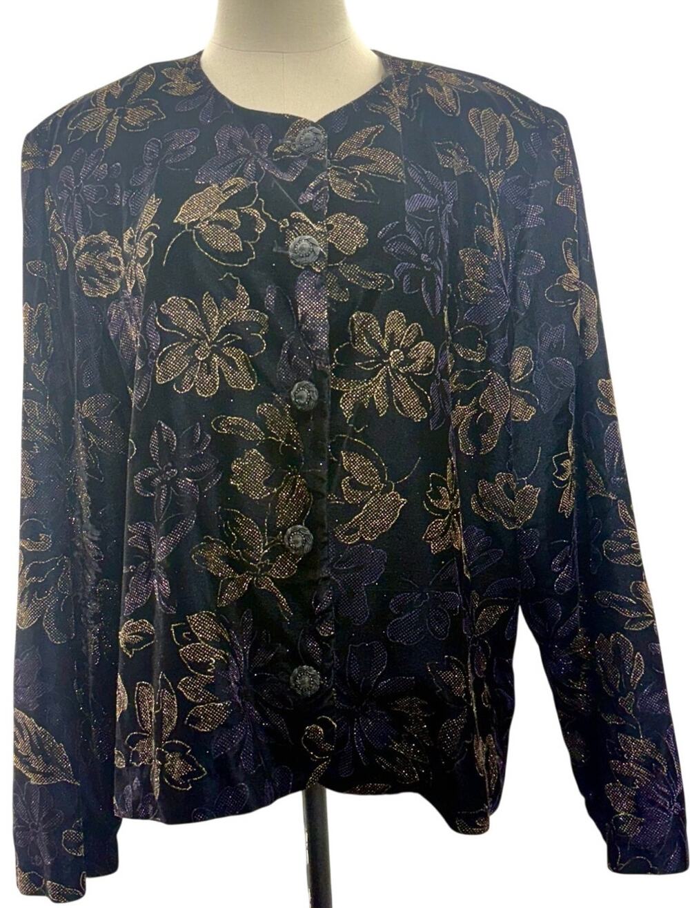 Maggie McNaughton Black Velvet Floral Glitter Jacket Women's 24 USA